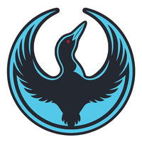 The Rebel Loon: a loon rising with wings spread inside a circle, in the flag's blues